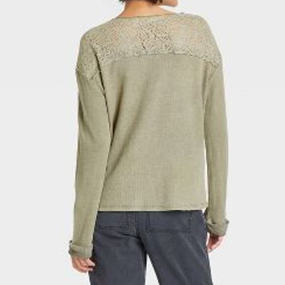 Knox Rose Thermal Lace Top Long Sleeve Green S Layer Boho Split V Neck Cuffed - Picture 4 of 9